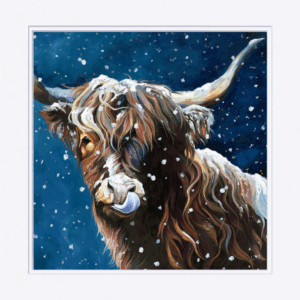 Snowflake Large Mounted Print of snowy Highland Cow