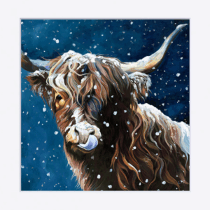 Snowflake Small Mounted Print of snowy highland cow