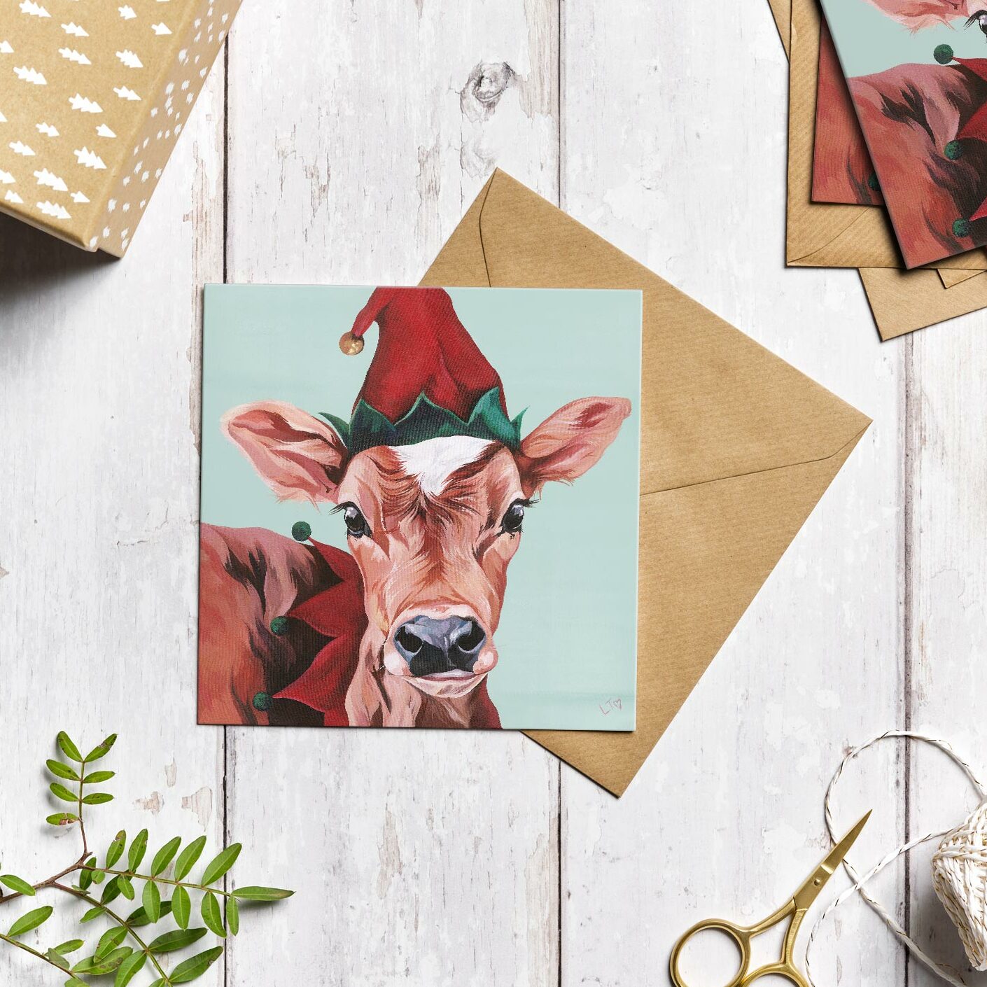 Littlest Elf Jersey Cow Christmas Cards pack of 4
