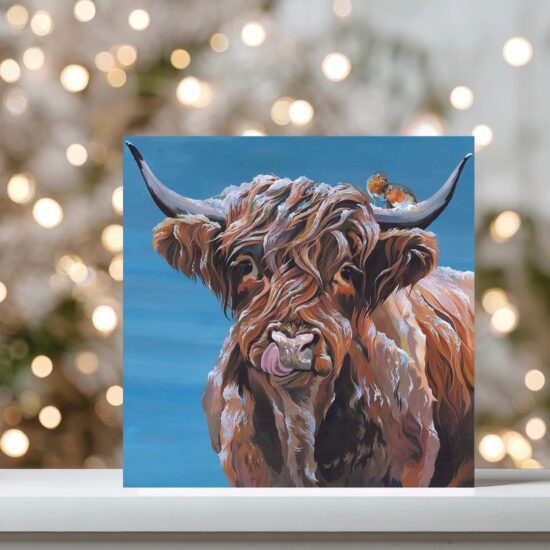 Highland Cow and RobinsSingle Card
