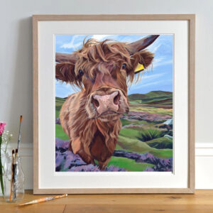 Isla, Highland Cow in Heather print, Light Frame