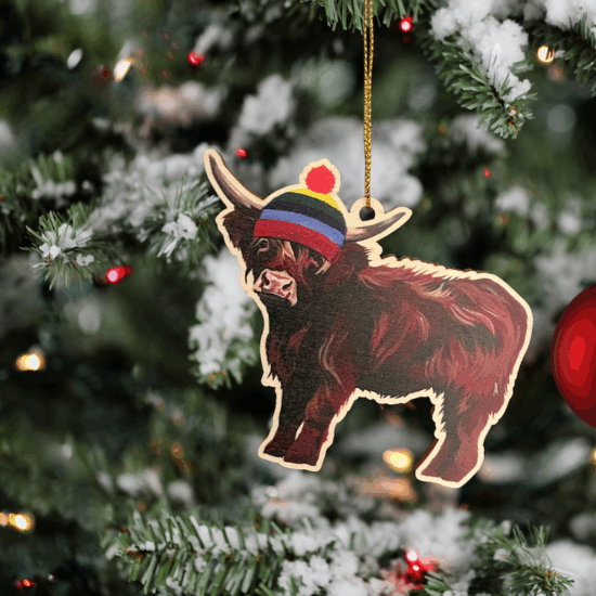 Highland Cow in Stripy Bobble Hat Tree Decoration