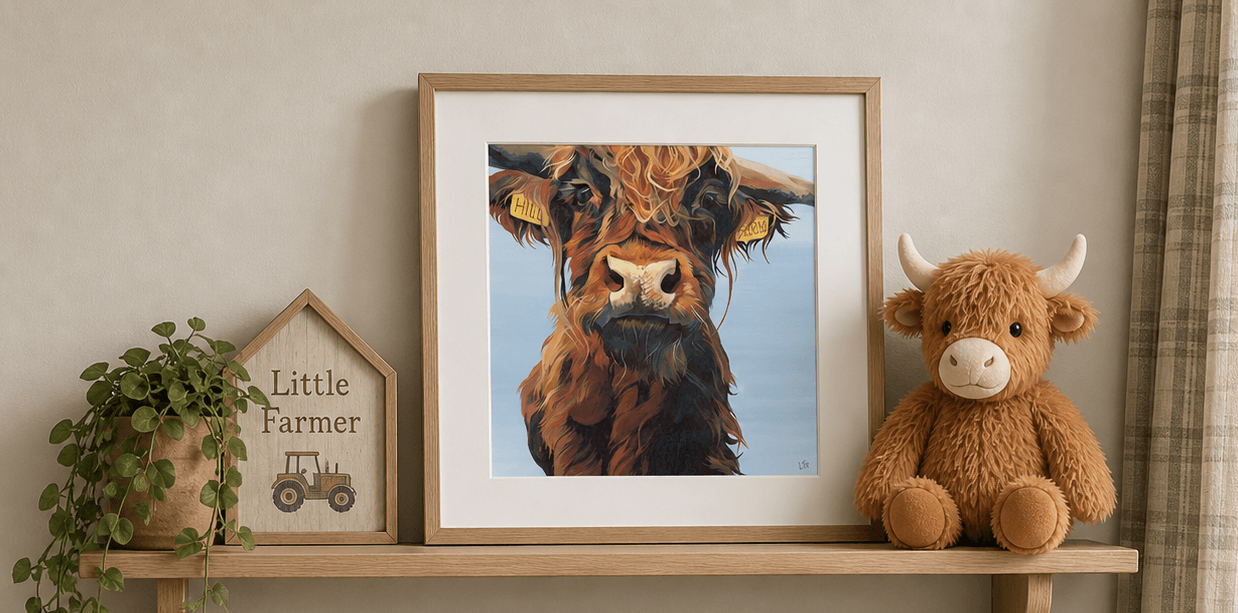Personalised Highland Cow art print in a scottish nursery 