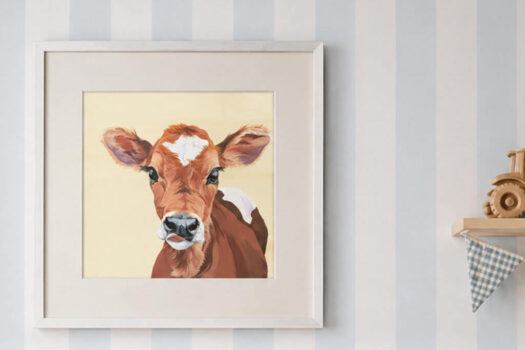 Cute cow art print in a farm themed nursery