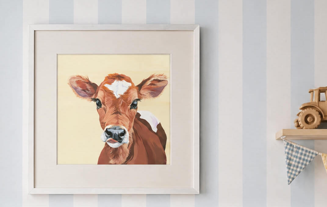 Cute cow art print in a farm themed nursery