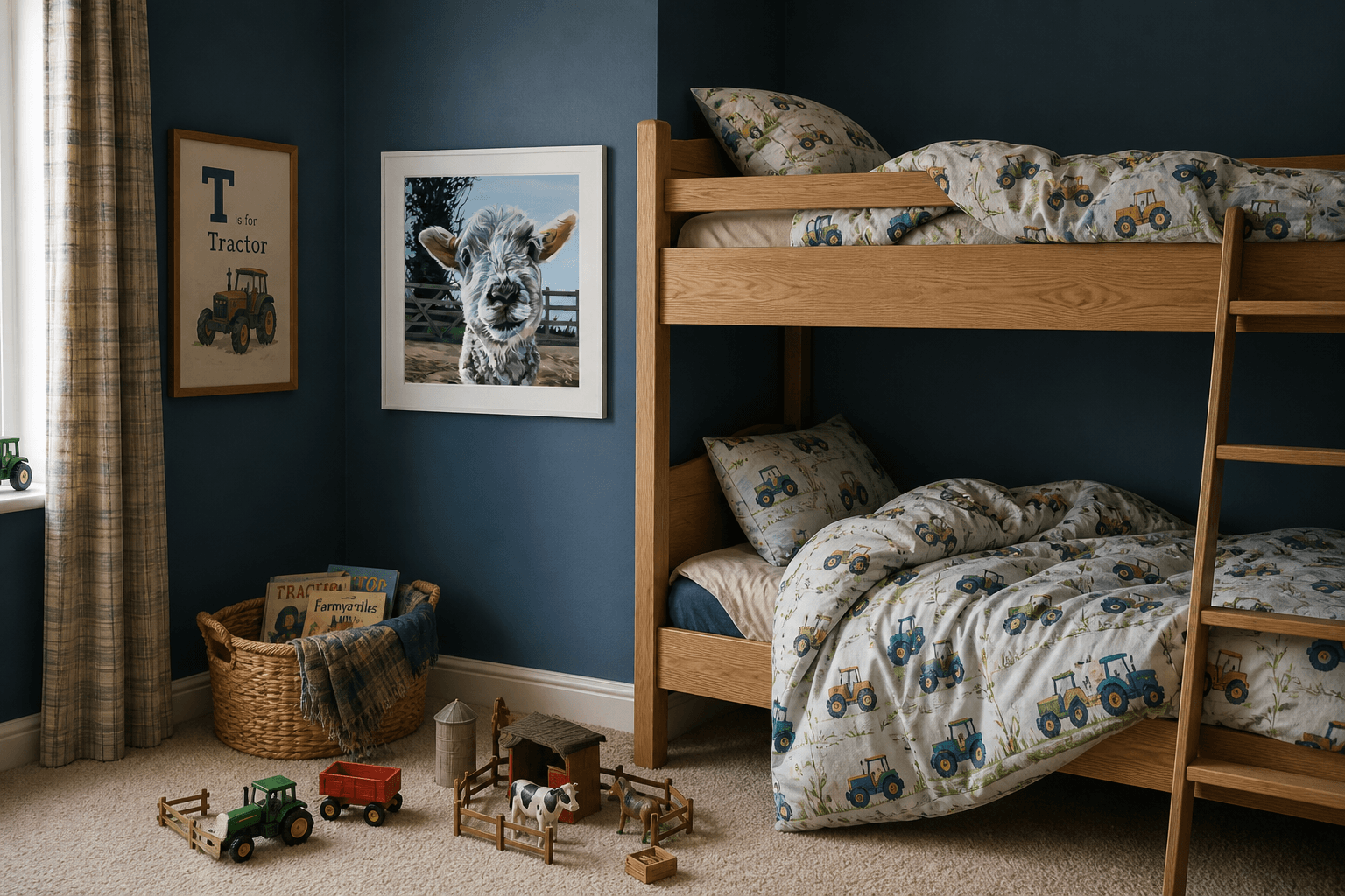 Tractor themed twin bedroom with lamb art print