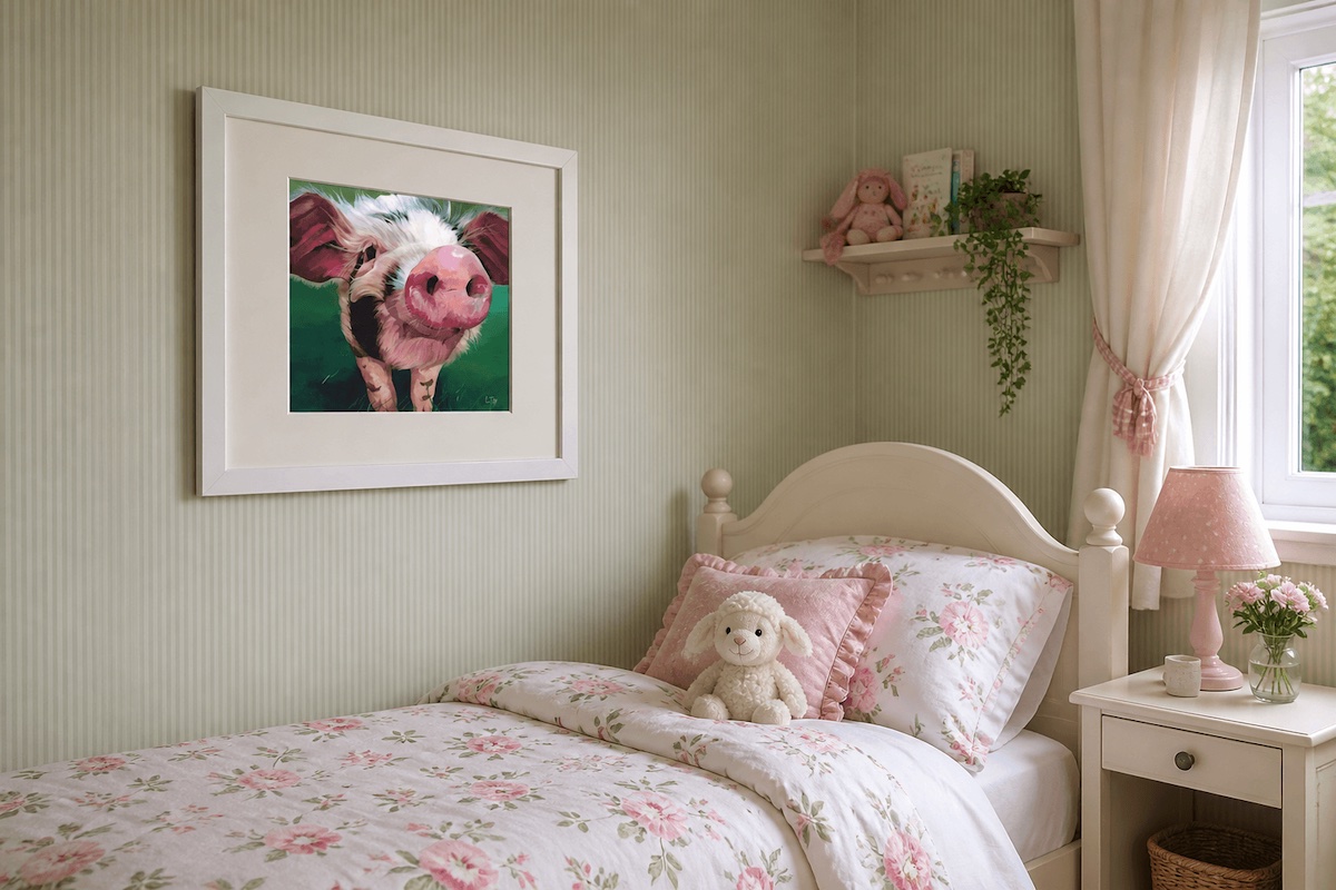 Piglet print in a girl's farm themed bedroom 