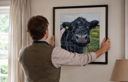 Man hanging a limited edition print of a belted galloway in his home