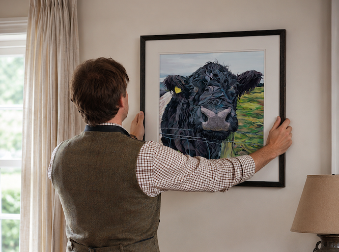 Man hanging a limited edition print of a belted galloway in his home
