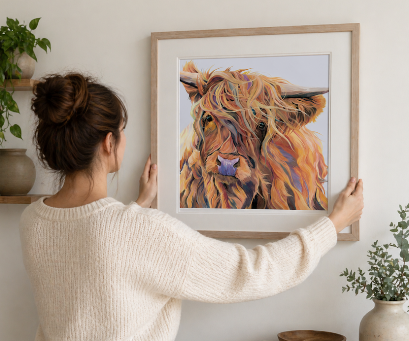 Hanging Scarlett Highland cow art